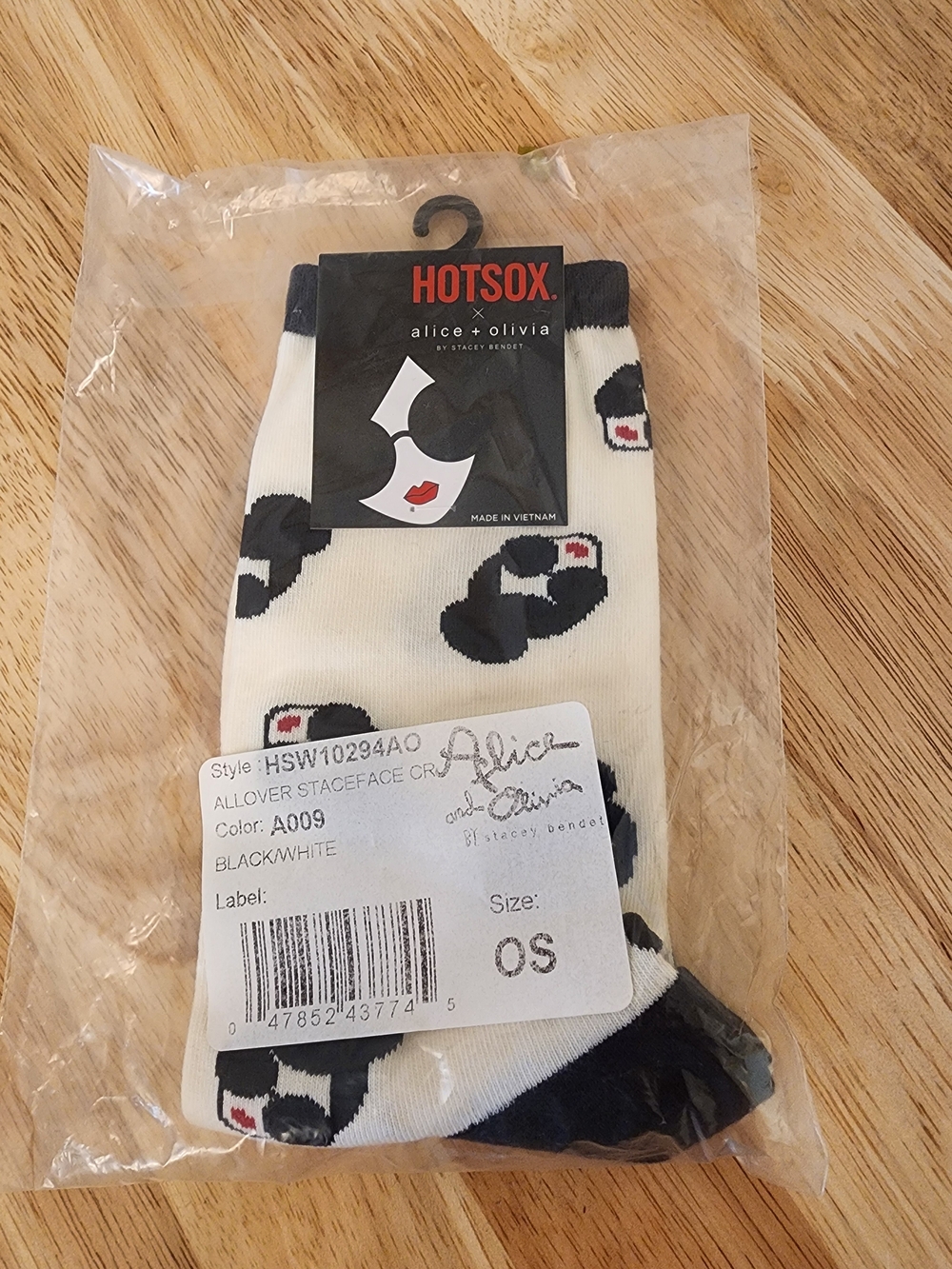 Alice + Olivia Black and White Crew Socks with Face Motif